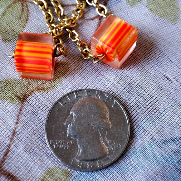 Lucite Ice Cube Orange Square Gold Tone Extra Long Necklace Polymer Millifiore - Picture 5 of 7
